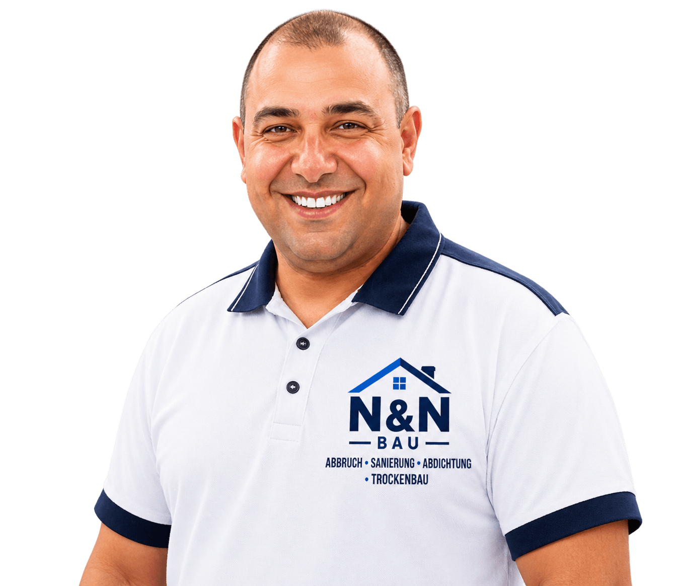 Aptula Cholak, Inhaber von N&N Bau, im Poloshirt mit Firmenlogo